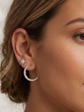 Gold Crystal Celestial MisMatched Moon & Star Post Earrings NWT